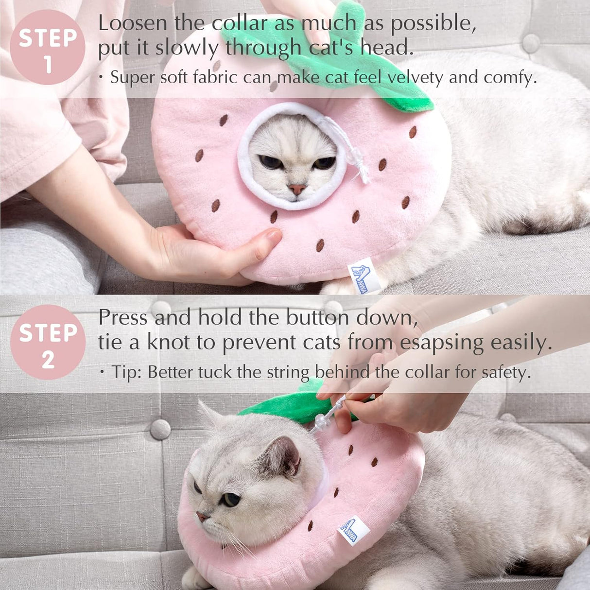 ANWA Adjustable Cat Cone Collar Soft Strawberry Large
