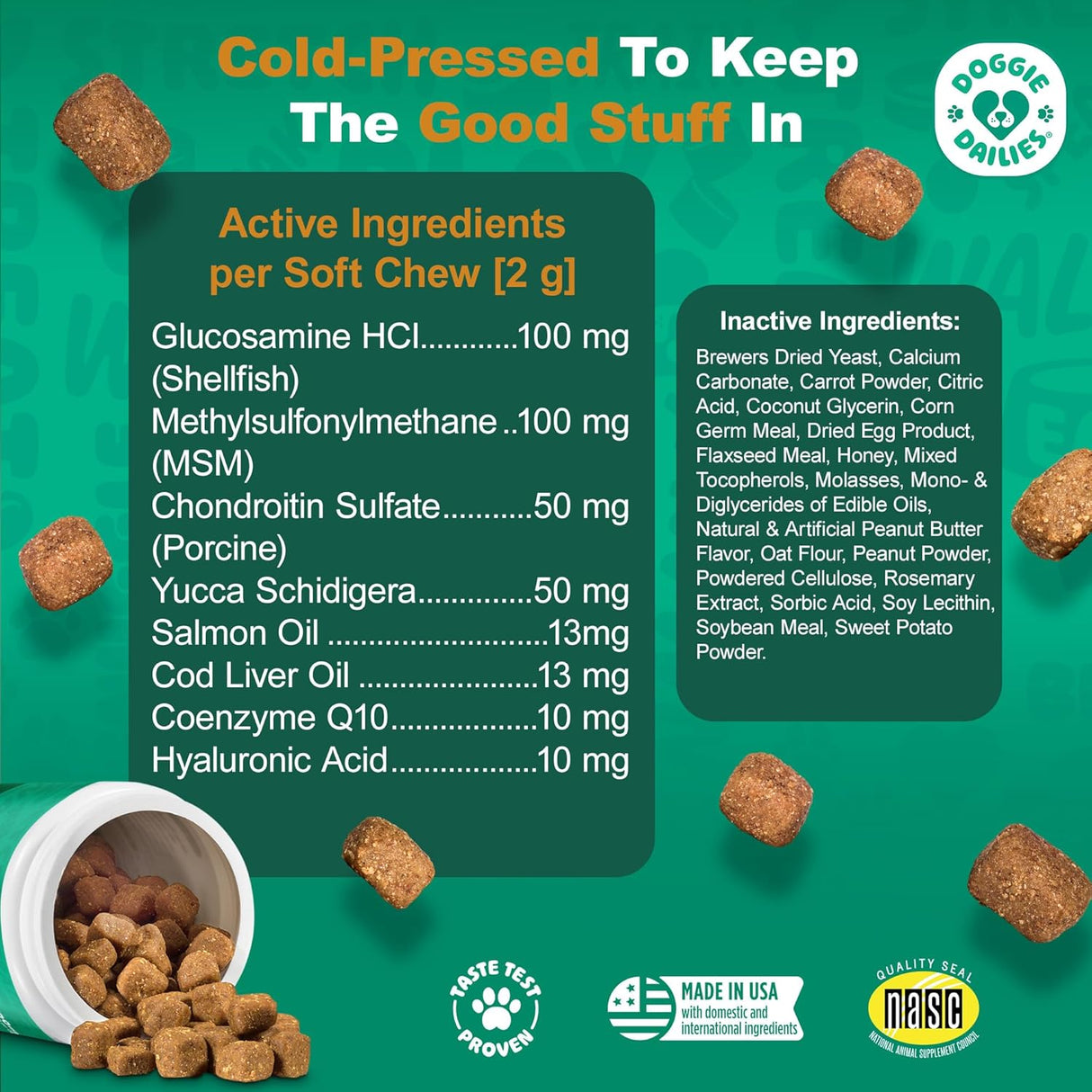 Doggie Dailies Daily Joint Care Glucosamine for Dogs Peanut Butter 225 Masticables