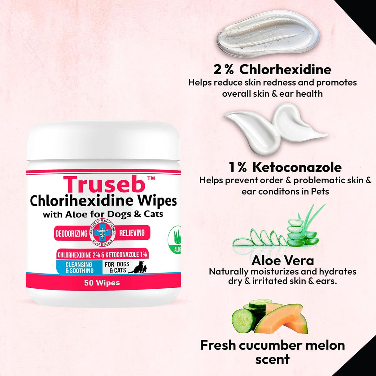 Truseb Topical Ketoconazole and Chlorhexidine Wipes for Dogs Cats and Horses 50 Toallitas