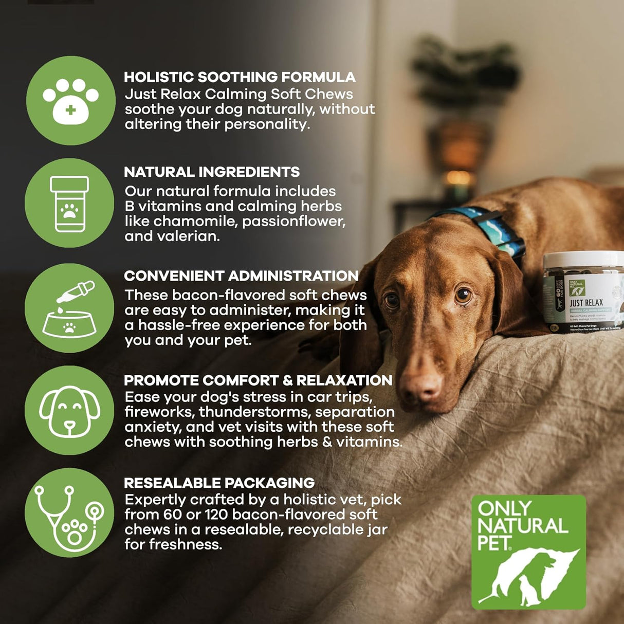 Only Natural Pet Just Relax Herbal Calming Soft Chews for Dogs 60 Masticables
