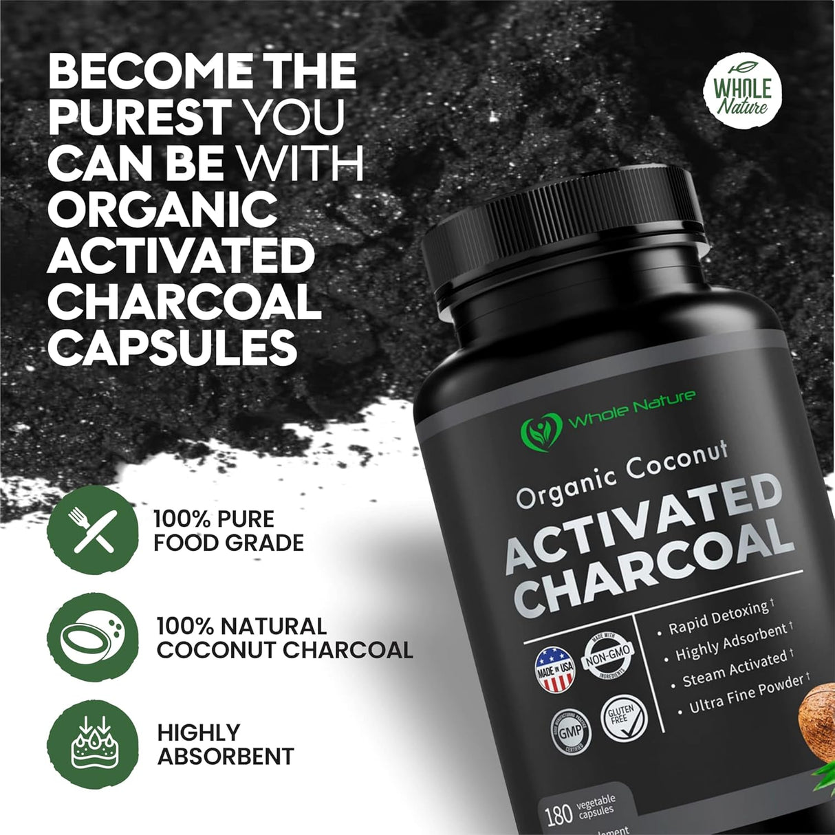 Whole Nature Pure Coconut Activated Charcoal 180 Capsulas