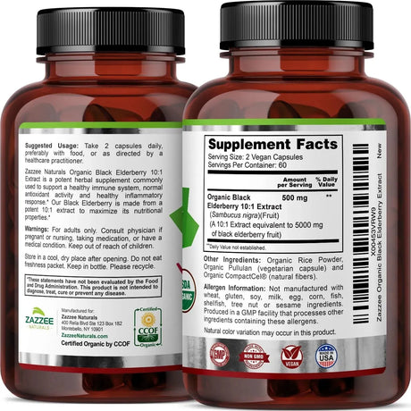 ZAZZEE NATURALS - Zazzee USDA Organic Black Elderberry 120 Capsulas - The Red Vitamin MX - Suplementos Alimenticios - {{ shop.shopifyCountryName }}