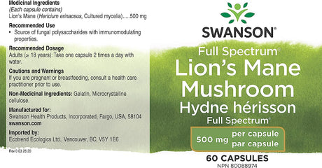 Swanson Lion's Mane Mushroom 500Mg. 60 Capsulas - The Red Vitamin MX - Suplementos Alimenticios - SWANSON