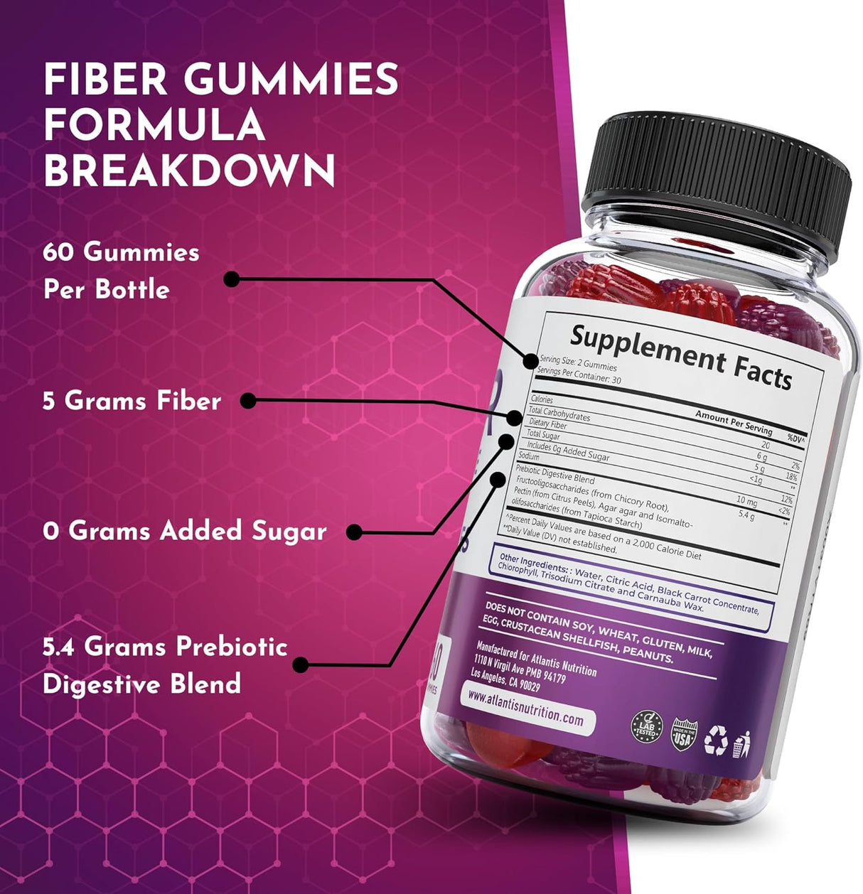 Atlantis Nutrition Sugar Free Prebiotic Fiber Gummies For Adults 60 Gomitas