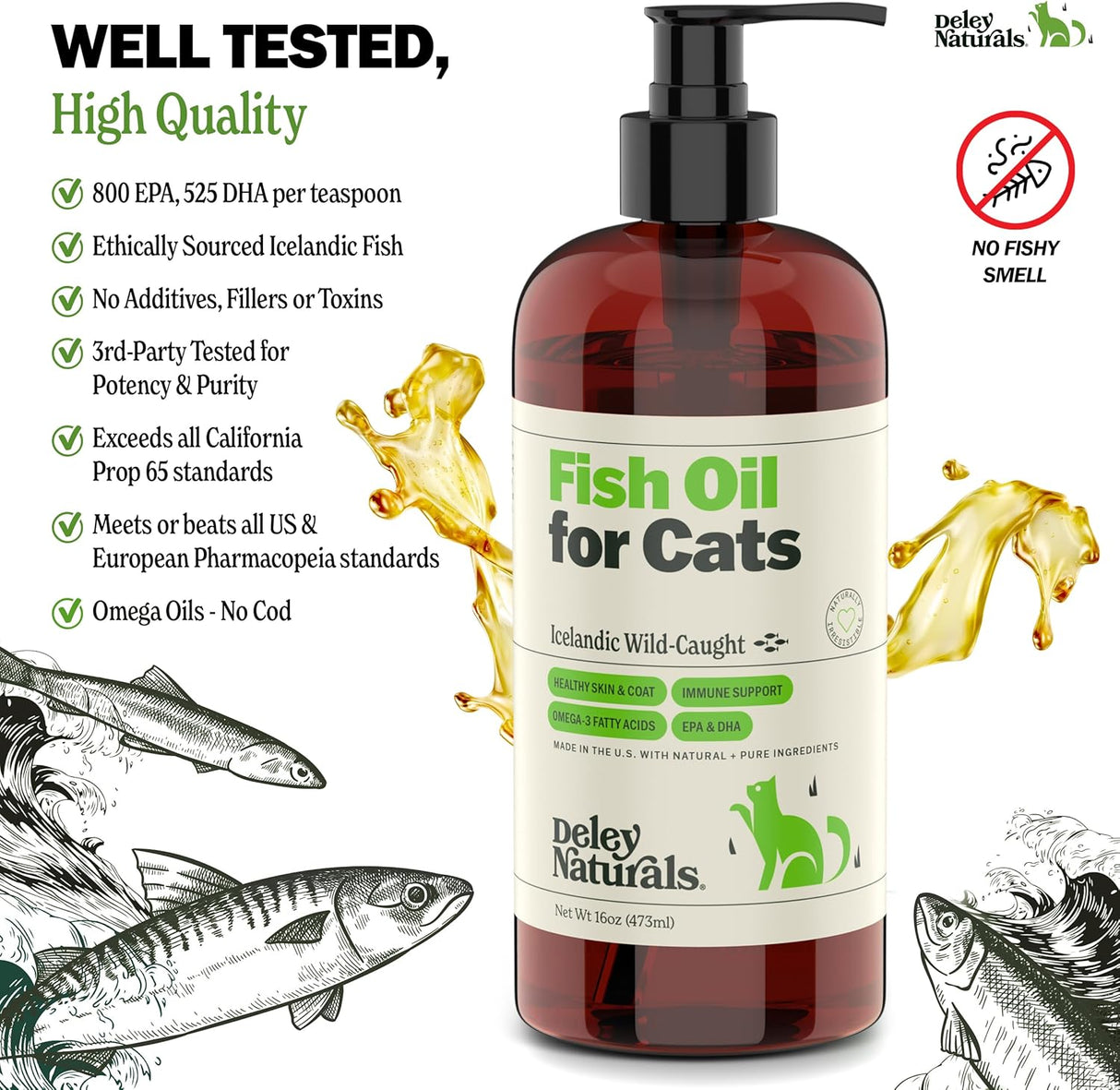 Deley Naturals Wild Caught Fish Oil for Cats with 2X Omega 473Ml.