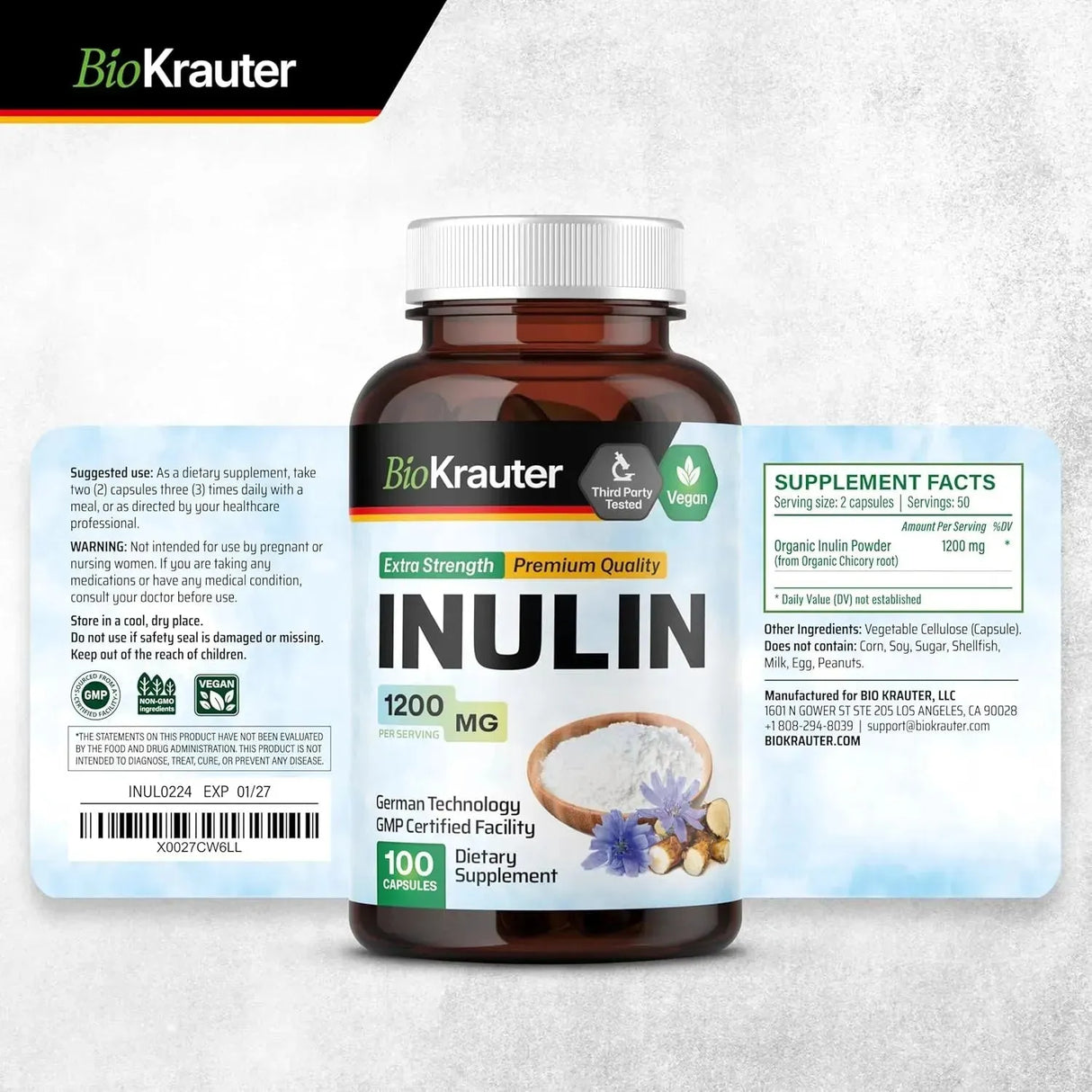 BIOKRAUTER - BIO KRAUTER Inulin Powder 1200Mg. 100 Capsulas - The Red Vitamin MX - Suplementos Alimenticios - {{ shop.shopifyCountryName }}