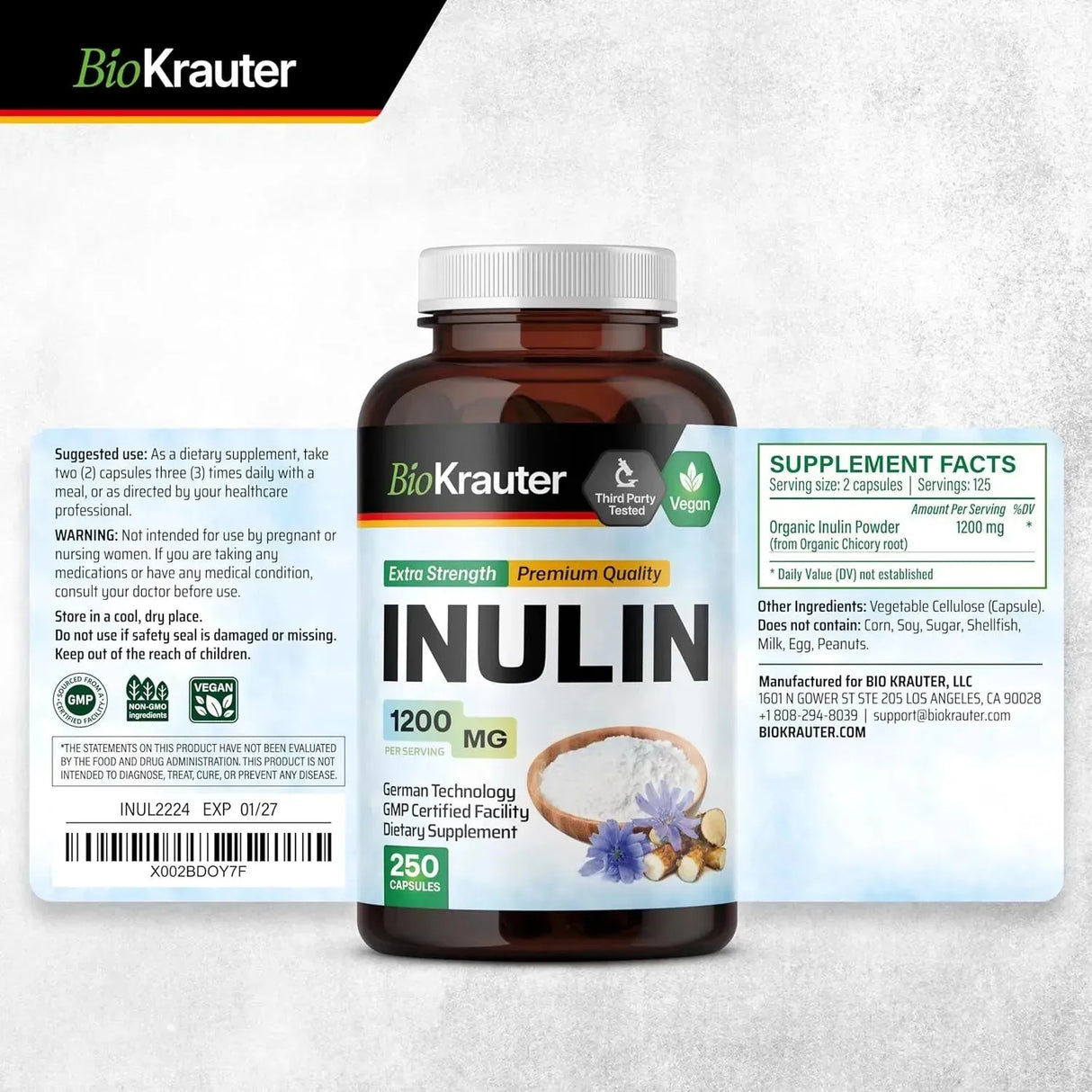 BIOKRAUTER - BIO KRAUTER Inulin Powder 1200Mg. 250 Capsulas - The Red Vitamin MX - Suplementos Alimenticios - {{ shop.shopifyCountryName }}