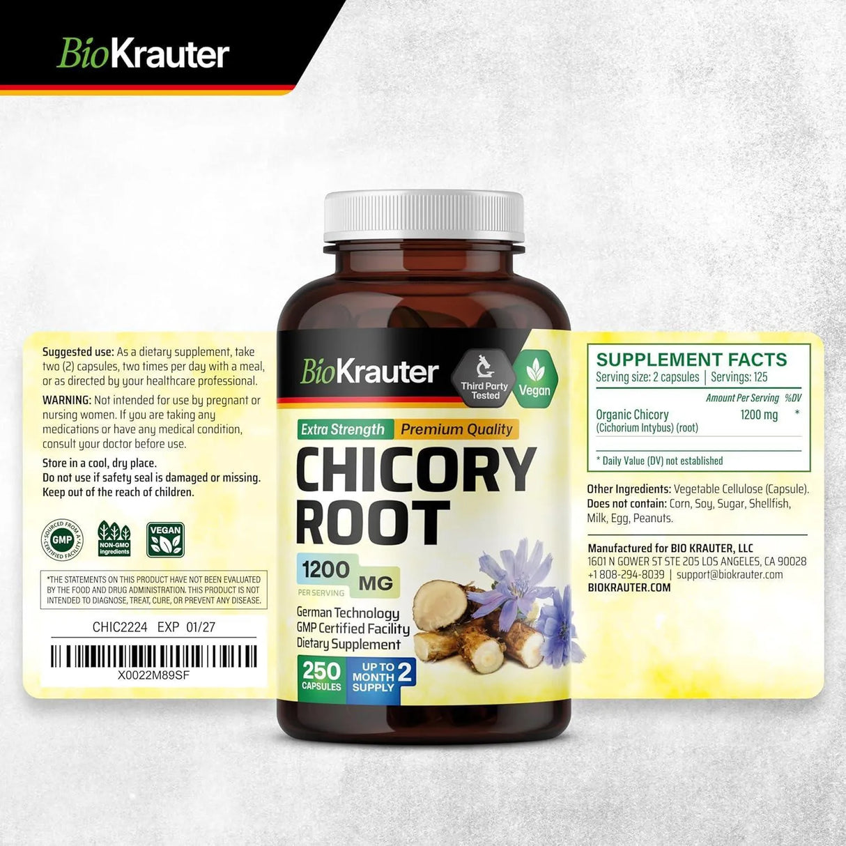 BIOKRAUTER - BIO KRAUTER Chicory Fiber Supplement 250 Capsulas - The Red Vitamin MX - Suplementos Alimenticios - {{ shop.shopifyCountryName }}