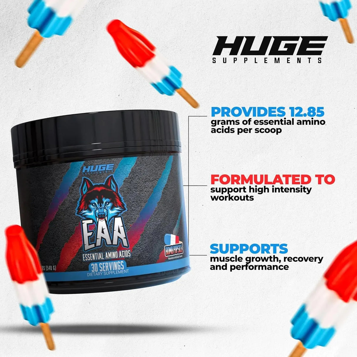 HUGE SUPPLEMENTS - Huge EAA Essential Amino Acids Powder 30 Servicios Bomb Popsicle 540Gr. - The Red Vitamin MX - Suplementos Alimenticios - {{ shop.shopifyCountryName }}