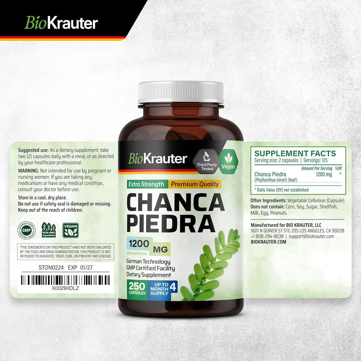 BIOKRAUTER - BIO KRAUTER Chanca Piedra Capsules 1200Mg. 250 Capsulas - The Red Vitamin MX - Suplementos Alimenticios - {{ shop.shopifyCountryName }}