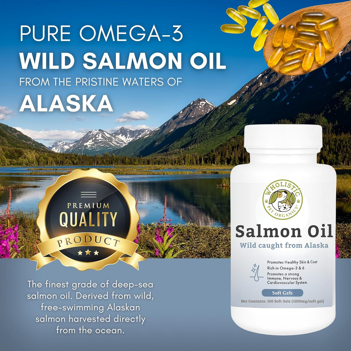 Wholistic Pet Organics Wild Alaskan Salmon Oil for Dogs 100 Capsulas Blandas