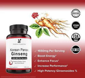 ADORA ORGANICS - Adora Organics Korean Red Panax Ginseng 1650Mg. 120 Capsulas - The Red Vitamin MX - Suplementos Alimenticios - {{ shop.shopifyCountryName }}