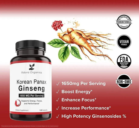 ADORA ORGANICS - Adora Organics Korean Red Panax Ginseng 1650Mg. 120 Capsulas - The Red Vitamin MX - Suplementos Alimenticios - {{ shop.shopifyCountryName }}