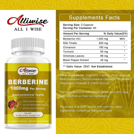 ALLIWISE - Alliwise Berberine Supplement 1000Mg. 120 Capsulas - The Red Vitamin MX - Suplementos Alimenticios - {{ shop.shopifyCountryName }}