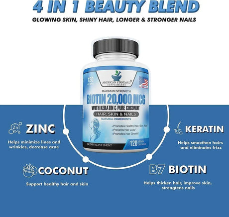 AMERICAN STANDARD SUPPLEMENTS - American Standard Supplements Biotin 20,000 mcg 120 Capsulas - The Red Vitamin MX - Suplementos Alimenticios - {{ shop.shopifyCountryName }}