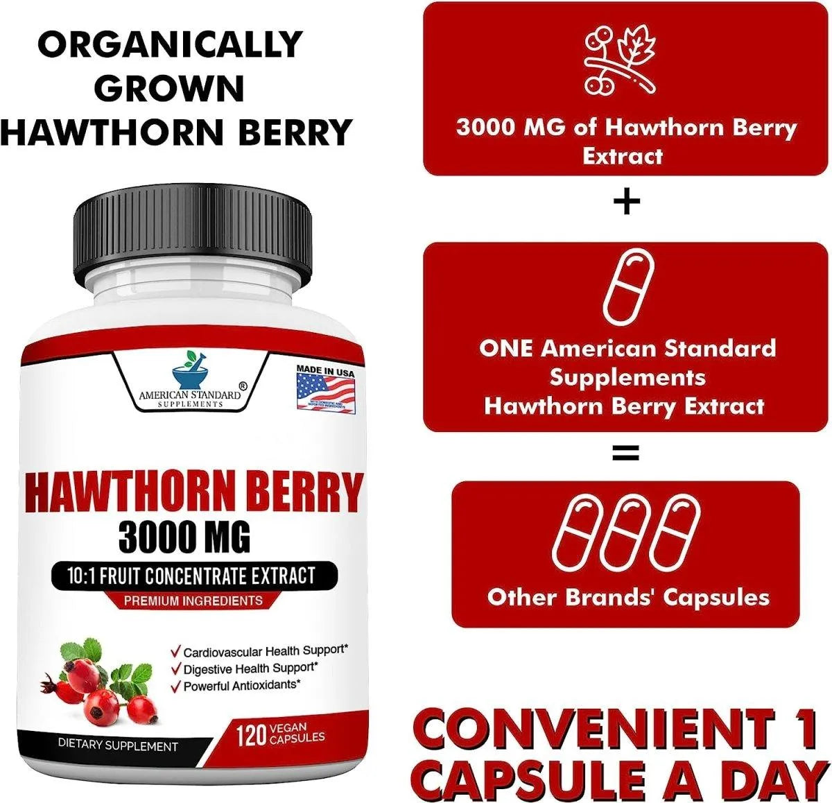 AMERICAN STANDARD SUPPLEMENTS - American Standard Supplements Hawthorn Berry Organic 3000Mg. 120 Capsulas - The Red Vitamin MX - Suplementos Alimenticios - {{ shop.shopifyCountryName }}