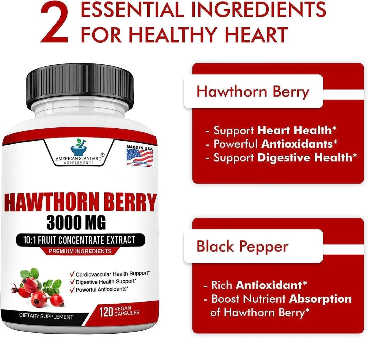 AMERICAN STANDARD SUPPLEMENTS - American Standard Supplements Hawthorn Berry Organic 3000Mg. 120 Capsulas - The Red Vitamin MX - Suplementos Alimenticios - {{ shop.shopifyCountryName }}