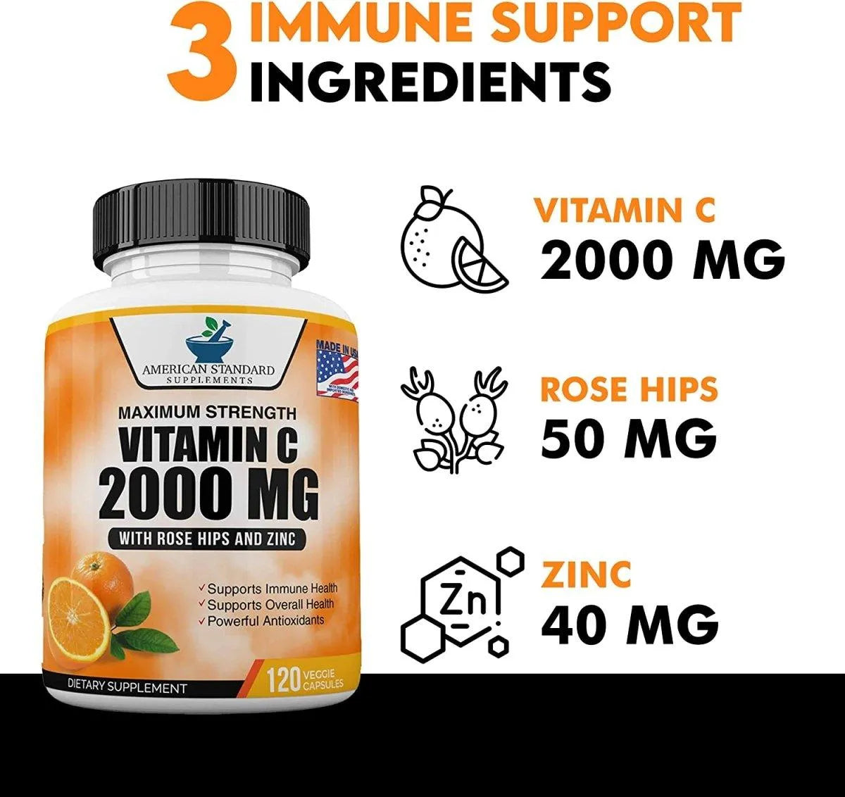 AMERICAN STANDARD SUPPLEMENTS - American Standard Supplements Vitamin C 2000Mg.+Zinc 40Mg.+Rose Hips 120 Capsulas - The Red Vitamin MX - Suplementos Alimenticios - {{ shop.shopifyCountryName }}