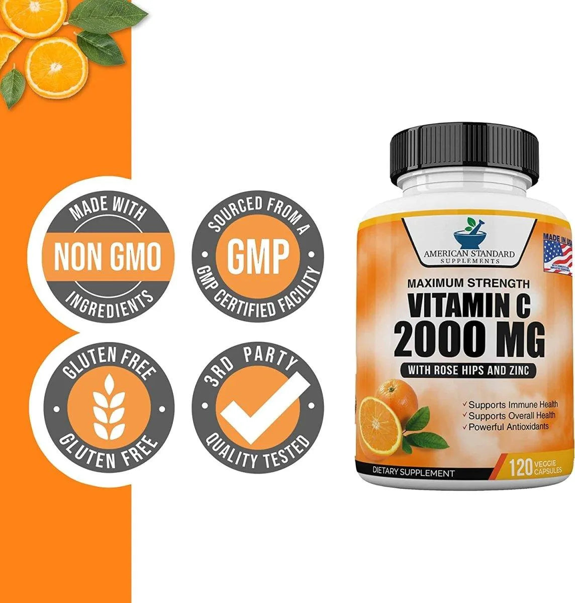 AMERICAN STANDARD SUPPLEMENTS - American Standard Supplements Vitamin C 2000Mg.+Zinc 40Mg.+Rose Hips 120 Capsulas - The Red Vitamin MX - Suplementos Alimenticios - {{ shop.shopifyCountryName }}