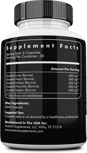 ANCESTRAL SUPPLEMENTS - Ancestral Supplements Grass Fed Beef Organs 180 Capsulas - The Red Vitamin MX - Suplementos Alimenticios - {{ shop.shopifyCountryName }}