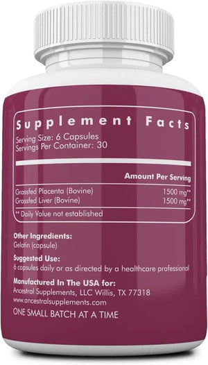 ANCESTRAL SUPPLEMENTS - Ancestral Supplements Grass Fed Placenta Supplement with Liver 180 Capsulas - The Red Vitamin MX - Suplementos Alimenticios - {{ shop.shopifyCountryName }}