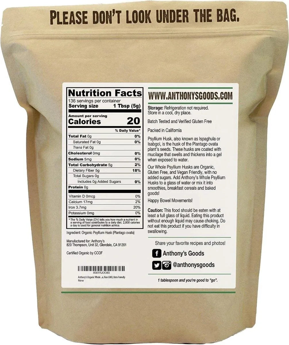 ANTHONY´S - Anthony's Organic Whole Psyllium Husks 680Gr. - The Red Vitamin MX - Suplementos Alimenticios - {{ shop.shopifyCountryName }}