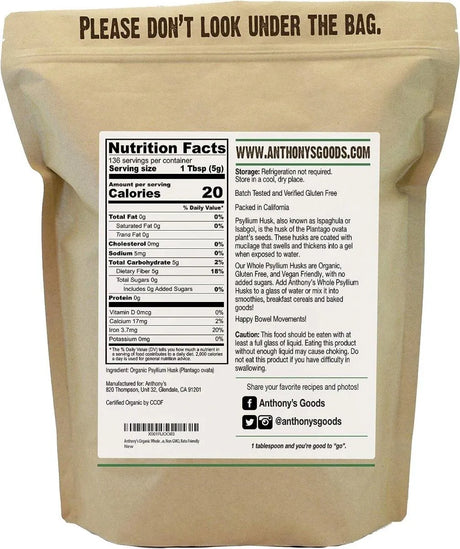 ANTHONY´S - Anthony's Organic Whole Psyllium Husks 680Gr. - The Red Vitamin MX - Suplementos Alimenticios - {{ shop.shopifyCountryName }}