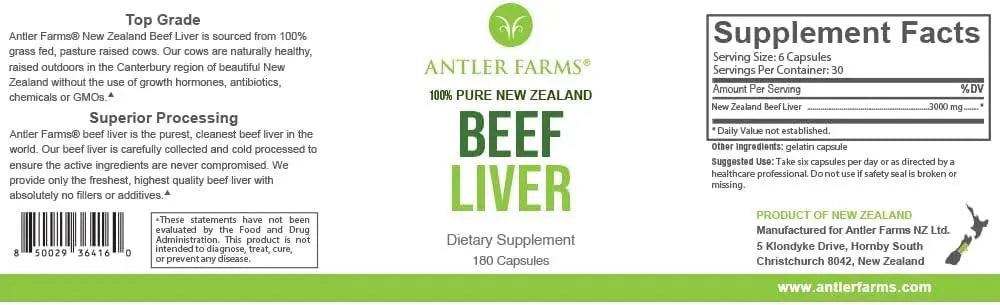 ANTLER FARMS - Antler Farms 100% Pure New Zealand Beef Liver 180 Capsulas - The Red Vitamin MX - Suplementos Alimenticios - {{ shop.shopifyCountryName }}