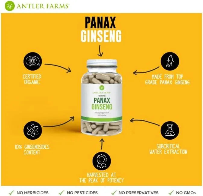 ANTLER FARMS - Antler Farms 100% Pure Organic Panax Ginseng Extract 500Mg. 180 Capsulas - The Red Vitamin MX - Suplementos Alimenticios - {{ shop.shopifyCountryName }}