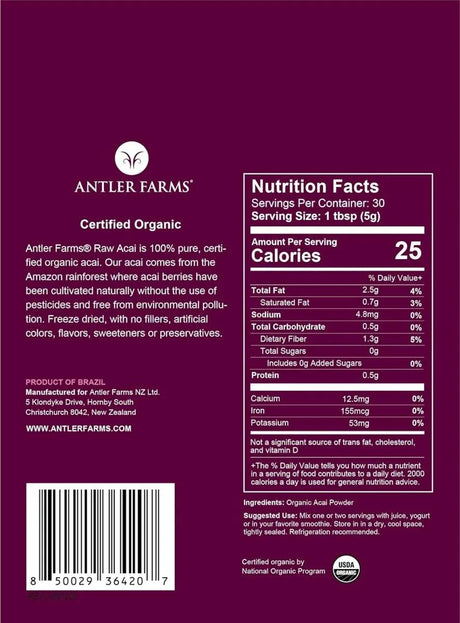 ANTLER FARMS - Antler Farms 100% Pure Organic Raw Acai Powder 150Gr. - The Red Vitamin MX - Suplementos Alimenticios - {{ shop.shopifyCountryName }}