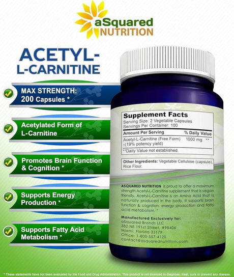 ASQUARED NUTRITION - aSquared Nutrition Acetyl L-Carnitine 1000Mg. 200 Capsulas - The Red Vitamin MX - Suplementos Alimenticios - {{ shop.shopifyCountryName }}