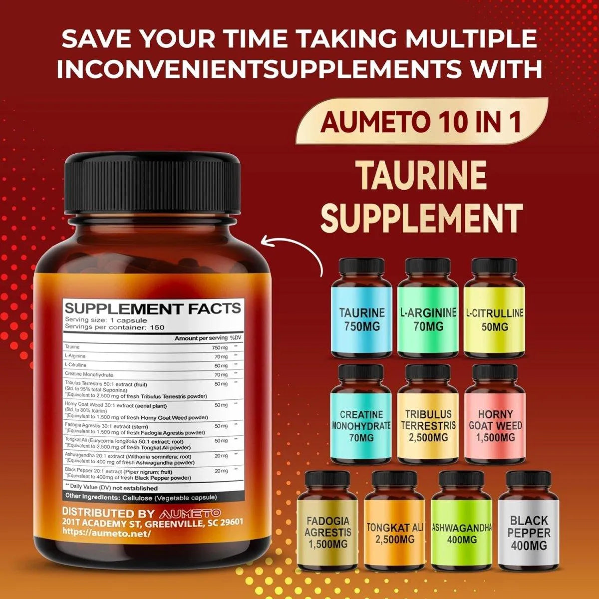 AUMETO - Aumeto Taurine Enhanced with L-Arginine, L-Citrulline, Creatine, Fadogia, Tongkat Ali 150 Capsulas - The Red Vitamin MX - Suplementos Alimenticios - {{ shop.shopifyCountryName }}