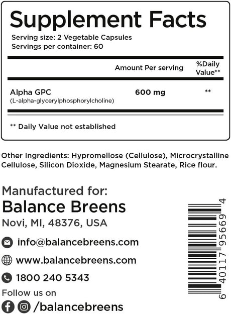 BALANCE BREENS - Balance Breens Alpha GPC Choline 600Mg. 120 Capsulas - The Red Vitamin MX - Suplementos Alimenticios - {{ shop.shopifyCountryName }}