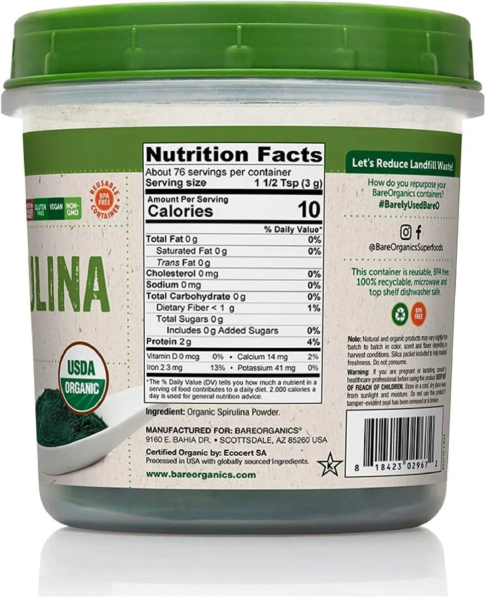 BAREORGANICS - BareOrganics USDA Organic Raw Spirulina Powder 227Gr. - The Red Vitamin MX - Suplementos Alimenticios - {{ shop.shopifyCountryName }}