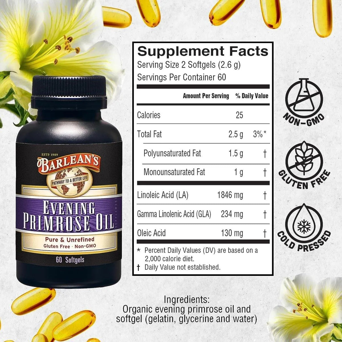 BARLEAN´S - Barlean's Evening Primrose Oil Softgels 60 Capsulas Blandas - The Red Vitamin MX - Suplementos Alimenticios - {{ shop.shopifyCountryName }}