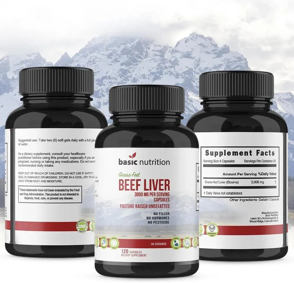 BASIC NUTRITION - Basic Nutrition Pasture Raised Grass Fed Grass Finished Beef Liver 3000Mg. 120 Capsulas 2 Pack - The Red Vitamin MX - Suplementos Alimenticios - {{ shop.shopifyCountryName }}