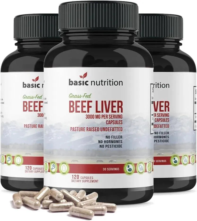 BASIC NUTRITION - Basic Nutrition Pasture Raised Grass Fed Grass Finished Beef Liver 3000Mg. 120 Capsulas 3 Pack - The Red Vitamin MX - Suplementos Alimenticios - {{ shop.shopifyCountryName }}