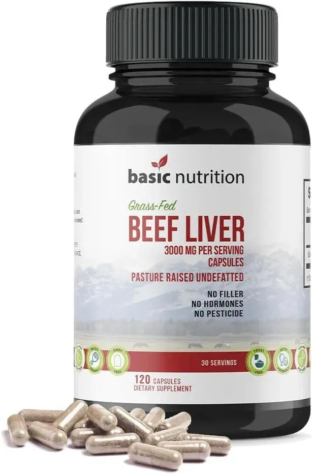 BASIC NUTRITION - Basic Nutrition Pasture Raised Grass Fed Grass Finished Beef Liver 3000Mg. 120 Capsulas - The Red Vitamin MX - Suplementos Alimenticios - {{ shop.shopifyCountryName }}