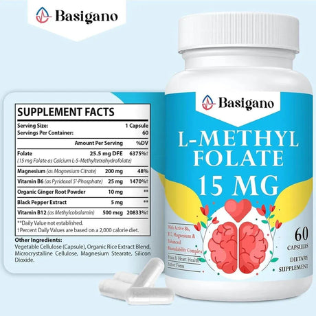 BASIGANO - Basigano 15Mg. L Methylfolate (5-MTHF) 60 Capsulas 2 Pack - The Red Vitamin MX - Suplementos Alimenticios - {{ shop.shopifyCountryName }}