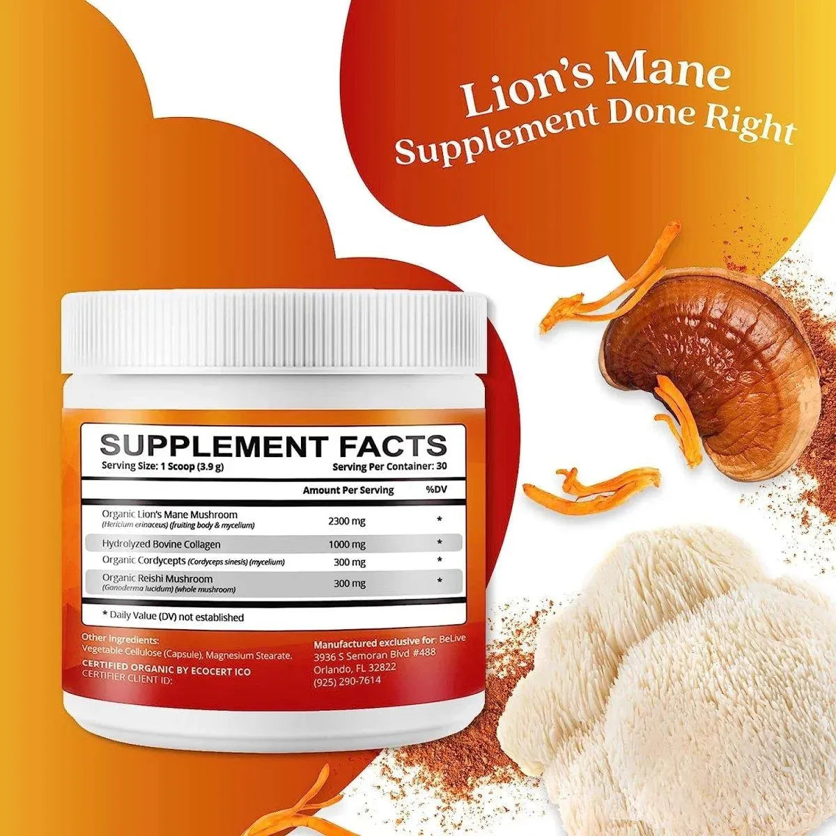 BELIVE - BeLive Organic Certified Lions Mane Mushroom Powder 117Gr. - The Red Vitamin MX - Suplementos Alimenticios - {{ shop.shopifyCountryName }}