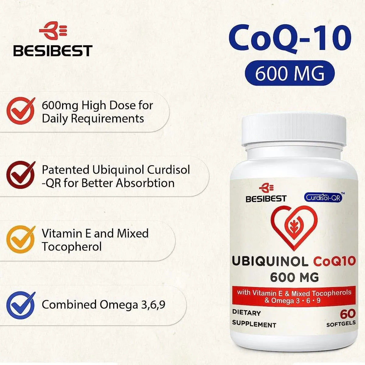 BESIBEST - Besibest Ubiquinol CoQ10-600Mg. 120 Capsulas - The Red Vitamin MX - Suplementos Alimenticios - {{ shop.shopifyCountryName }}