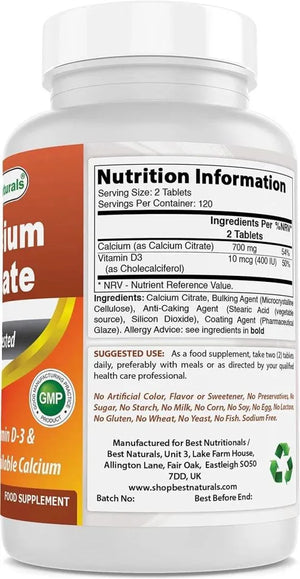 BEST NATURALS - Best Naturals Calcium Citrate with Vitamin D-3 480 Tabletas - The Red Vitamin MX - Suplementos Alimenticios - {{ shop.shopifyCountryName }}