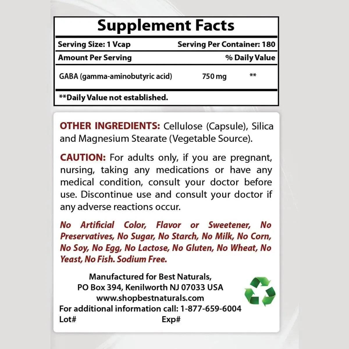 BEST NATURALS - Best Naturals GABA 750Mg. 180 Capsulas - The Red Vitamin MX - Suplementos Alimenticios - {{ shop.shopifyCountryName }}