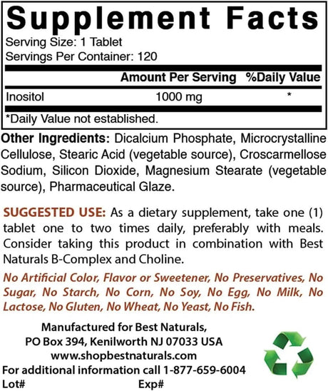 BEST NATURALS - Best Naturals Inositol 1000Mg. 120 Tabletas - The Red Vitamin MX - Suplementos Alimenticios - {{ shop.shopifyCountryName }}