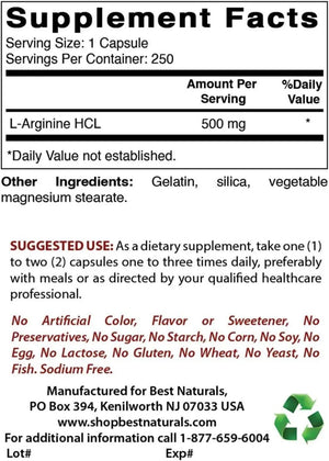 BEST NATURALS - Best Naturals L-Arginine 500Mg. 250 Capsulas 2 Pack - The Red Vitamin MX - Suplementos Alimenticios - {{ shop.shopifyCountryName }}