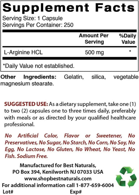 BEST NATURALS - Best Naturals L-Arginine 500Mg. 250 Capsulas 2 Pack - The Red Vitamin MX - Suplementos Alimenticios - {{ shop.shopifyCountryName }}