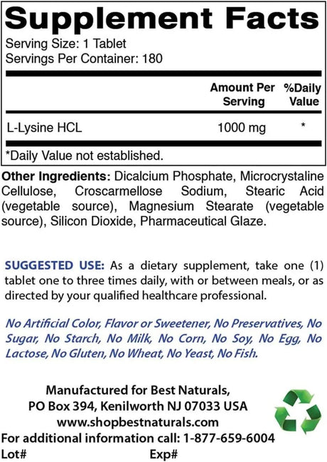 BEST NATURALS - Best Naturals L-Lysine 1000Mg. 180 Tabletas - The Red Vitamin MX - Suplementos Alimenticios - {{ shop.shopifyCountryName }}