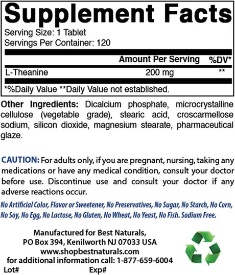 BEST NATURALS - Best Naturals L-Theanine 200Mg. 120 Tabletas - The Red Vitamin MX - Suplementos Alimenticios - {{ shop.shopifyCountryName }}