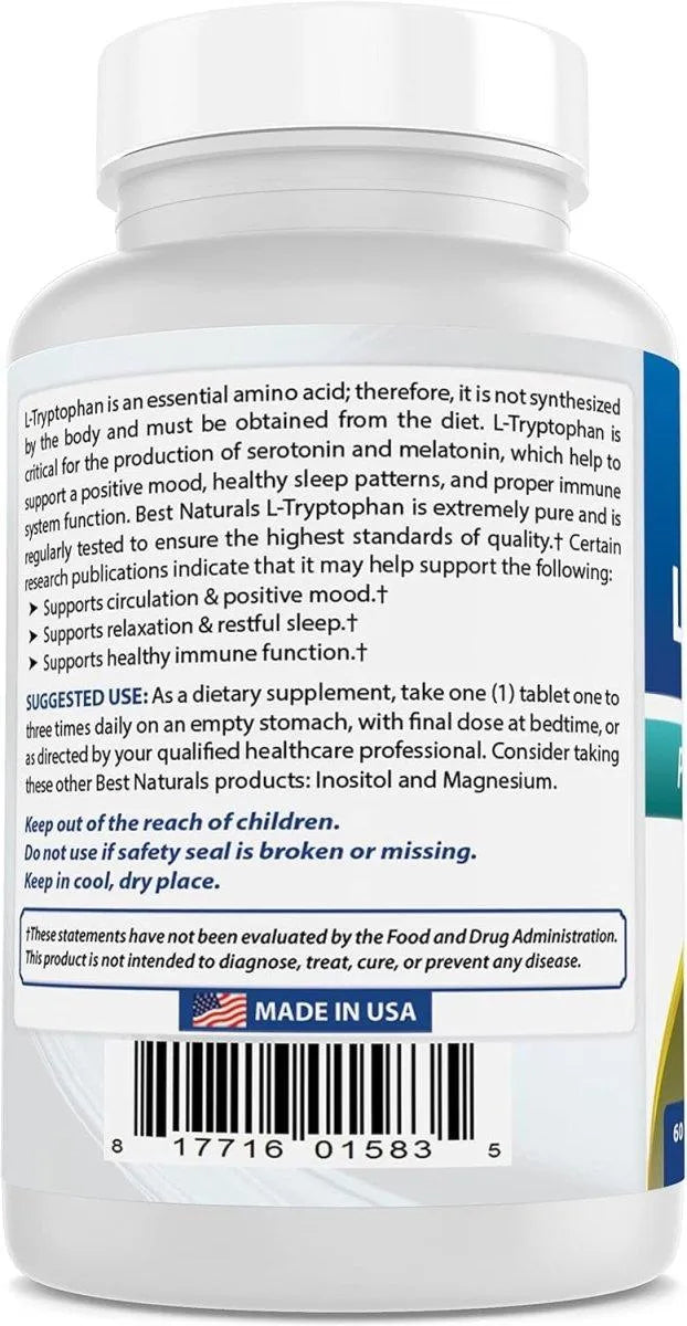 BEST NATURALS - Best Naturals L-Tryptophan 1000Mg. 60 Tabletas 3 Pack - The Red Vitamin MX - Suplementos Alimenticios - {{ shop.shopifyCountryName }}