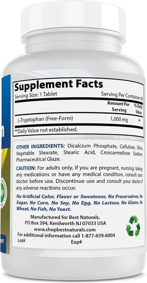 BEST NATURALS - Best Naturals L-Tryptophan 1000Mg. 60 Tabletas - The Red Vitamin MX - Suplementos Alimenticios - {{ shop.shopifyCountryName }}